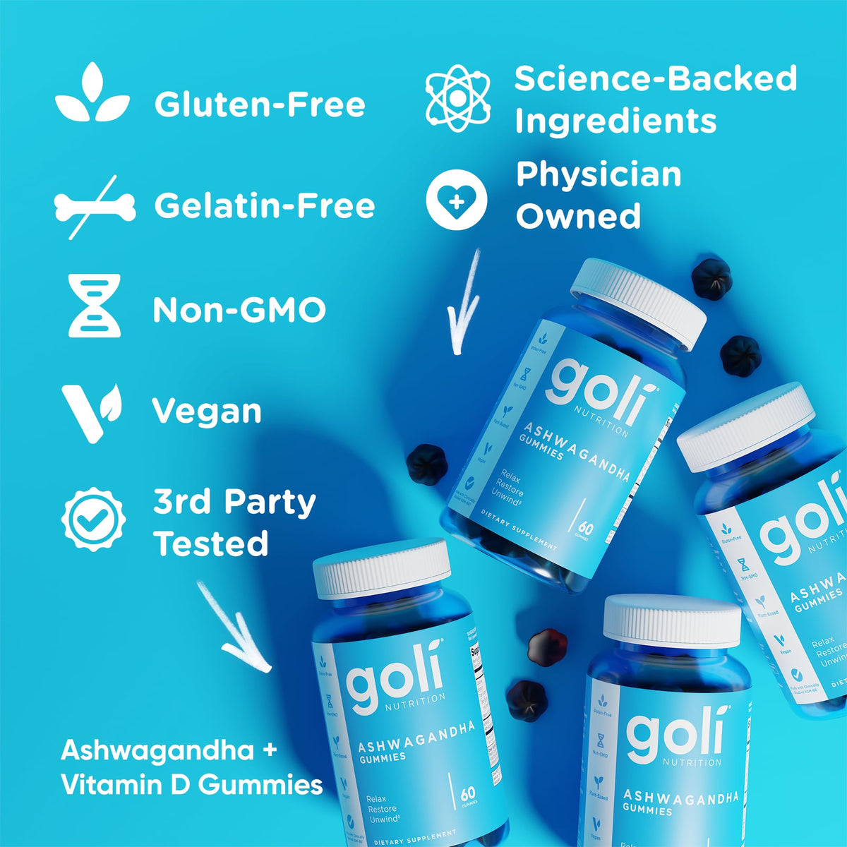 Goli Ashwagandha & Vitamin D Gummy - 180 Count - Mixed Berry, KSM-66, Vegan, Plant Based, Non-GMO, Gluten-Free & Gelatin Free Relax. Restore. Unwind, Pack of 3