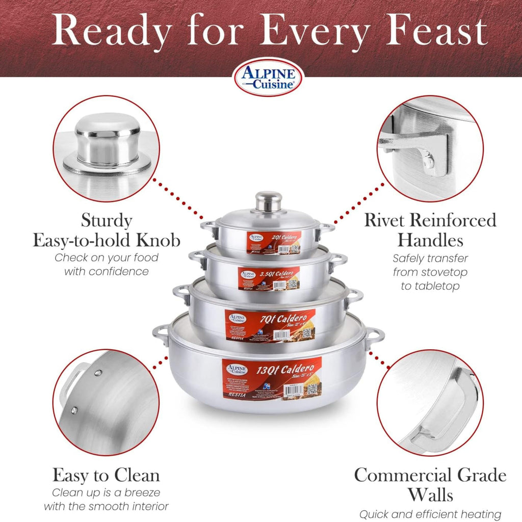 Alpine Cuisine 8-Piece Nonstick Aluminum Caldero Cookware Set with Lids | Includes 2 Qt, 3.5 Qt, 7 Qt, 13 Qt Pots | Ideal for Stews, Soups, & Rice