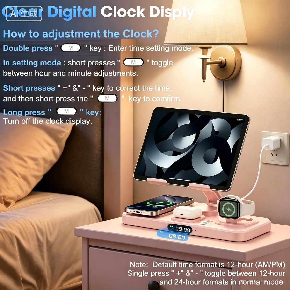 6 in 1 Wireless Charger for Apple Multiple Devices, Charging Station with Clock &7 Color Ambient Light, Foldable Rotate Stand for iPad, for iPhone17/16/15, Support for Apple Watch11/10 For AirPods4