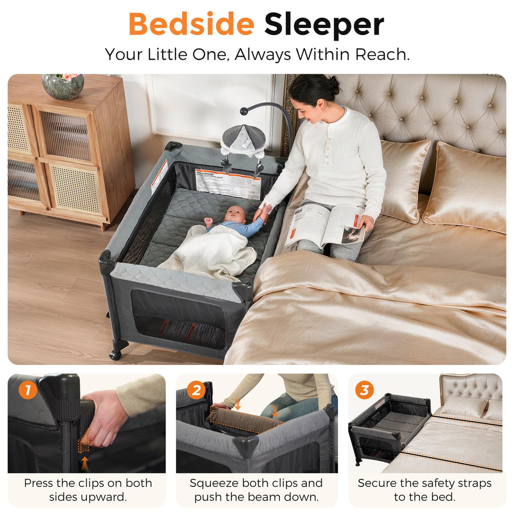 Pamo Babe Pack and Play with Bassinet - 7 in 1 One-Step Setup Bedside Crib, Portable Playpen, Travel Crib, Baby Playard with Diaper Changing Station, Toy Bar & Large Storage Bag