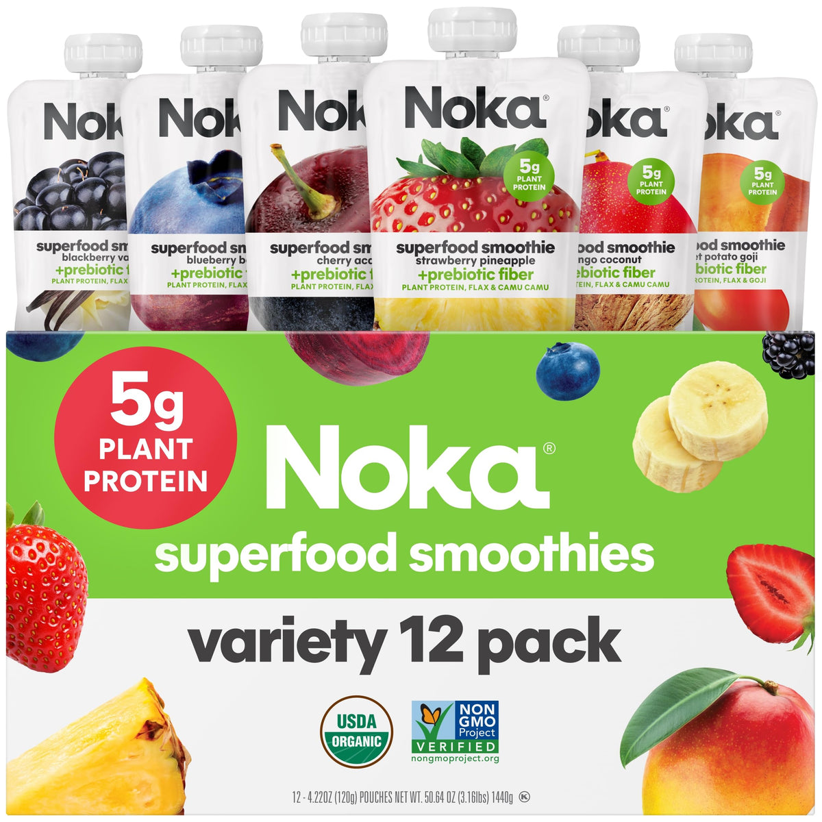 Noka Organic Superfood Smoothie Pouches, Healthy Snacks, Variety Pack 12pk