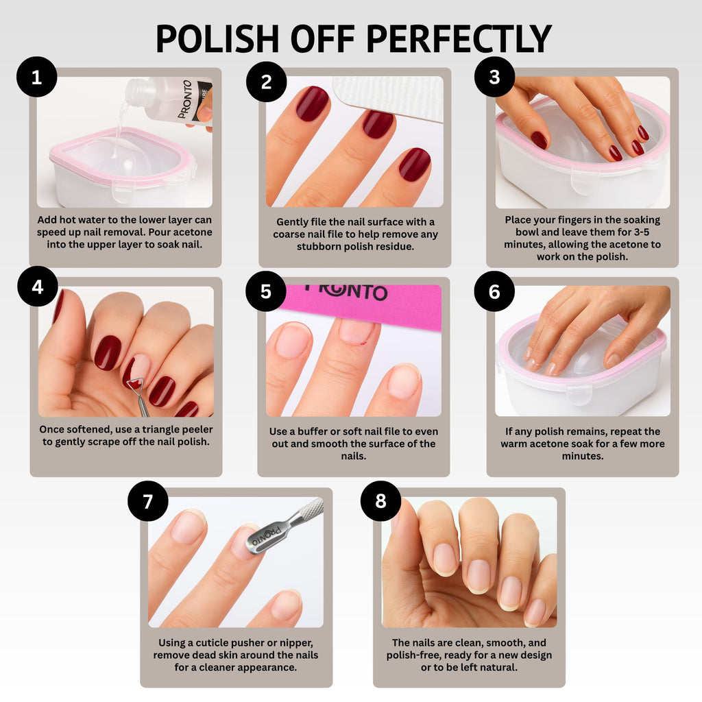 Pronto Gel Nail Polish Remover Kit – 8 Oz Pure Acetone 100 Percent, Nail File & Nail Polish Soak Off Bowl for Nail Care + Manicure Set with Nail Buffer Block, Cuticle Pusher & Nail scraper