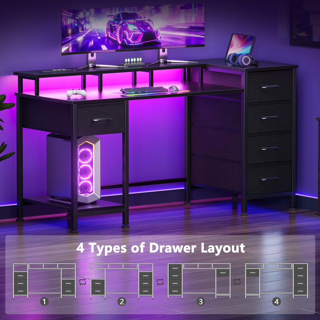 Korfile 47 Inch Gaming Computer Desk with Power Outlets,LED,5 Drawers,Black