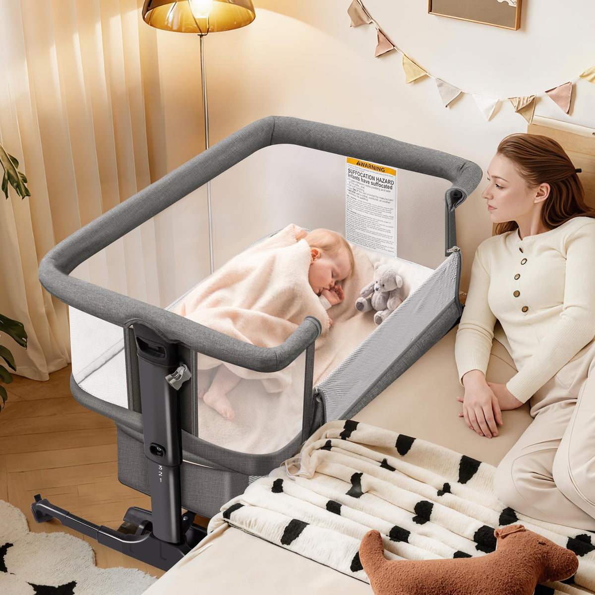 CAPAKIDDO 4-in-1Bedside Bassinet Sleeper, 6 Height, Mesh, Washable Mattress
