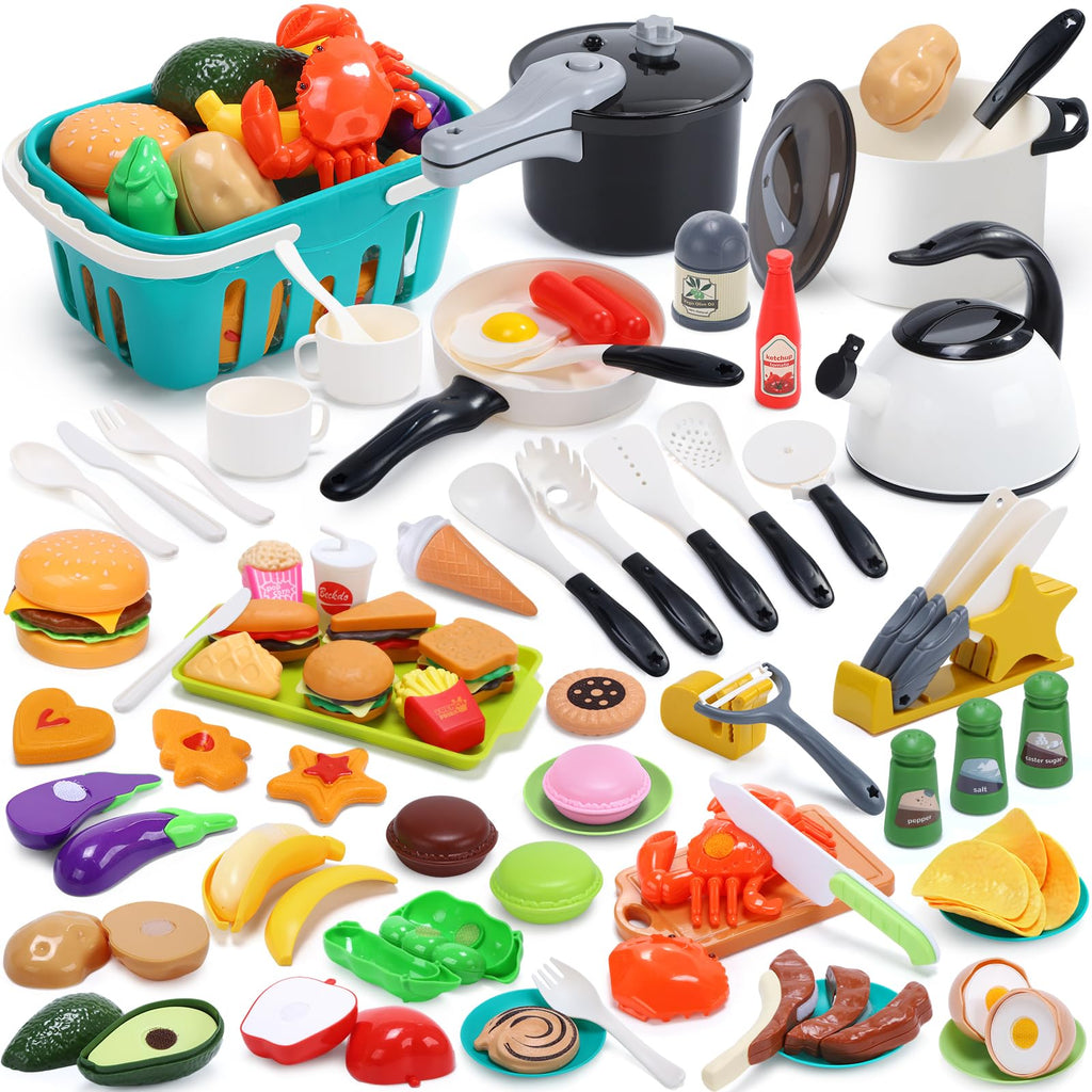 HOLYFUN 74PCS Kids Kitchen Accessories with Play Food & Basket