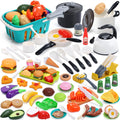 HOLYFUN 74PCS Kids Kitchen Accessories with Play Food & Basket