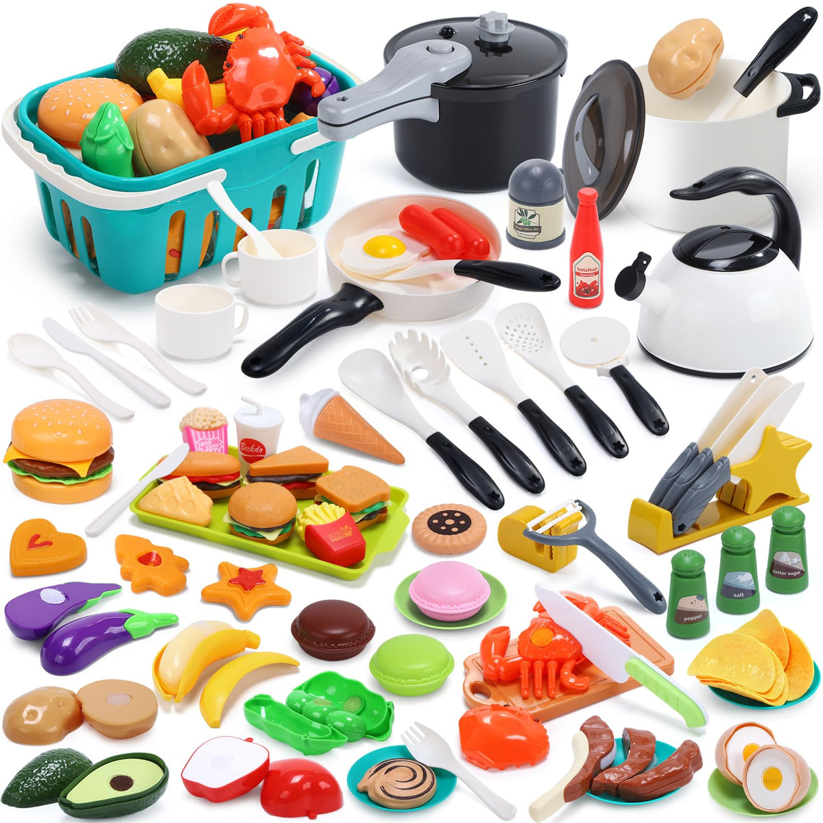 HOLYFUN 74PCS Kids Kitchen Accessories with Play Food & Basket