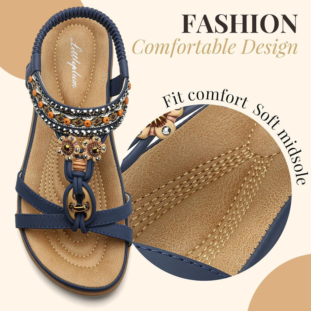 Littleplum Womens Sandals Arch Support Bohemian T-Strap Flower Rhinestone Sandals Women's Non Slip Summer Beach Flat Sandals Blue Size 10
