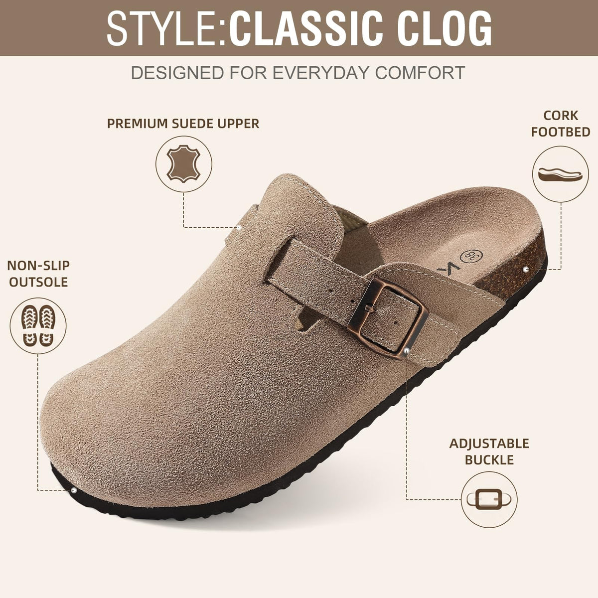 KIDMI Genuine Suede Clogs for Women Men Cork Footbed Mules Potato Shoes