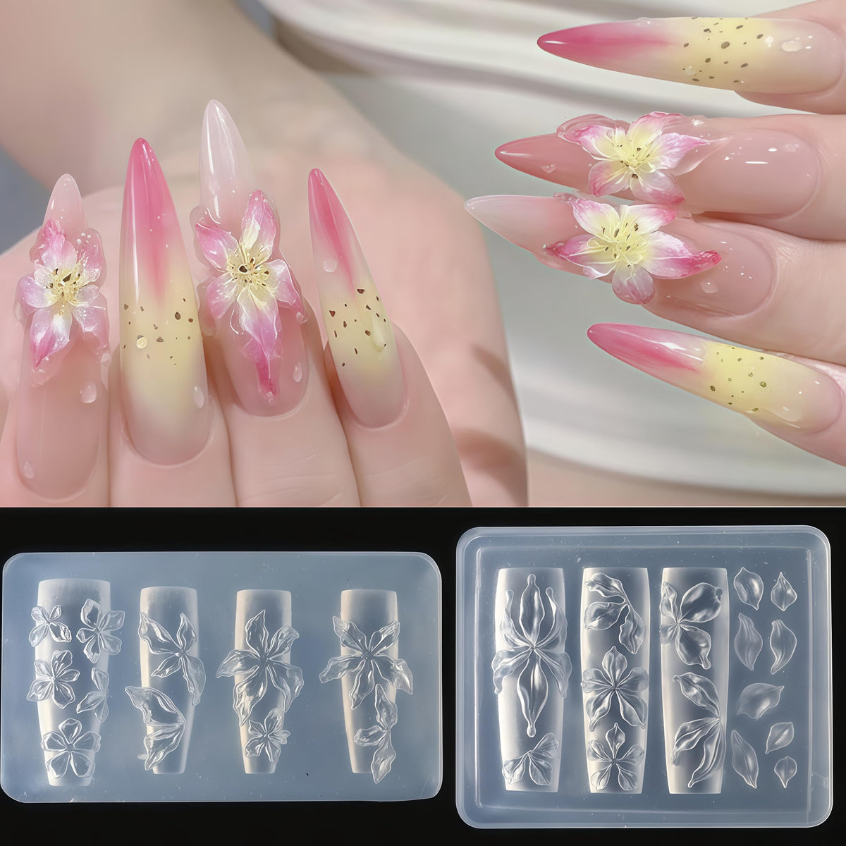 Pizadix 2 Pcs Flower Silicone Nail Art Molds for Women Resin Nail Design