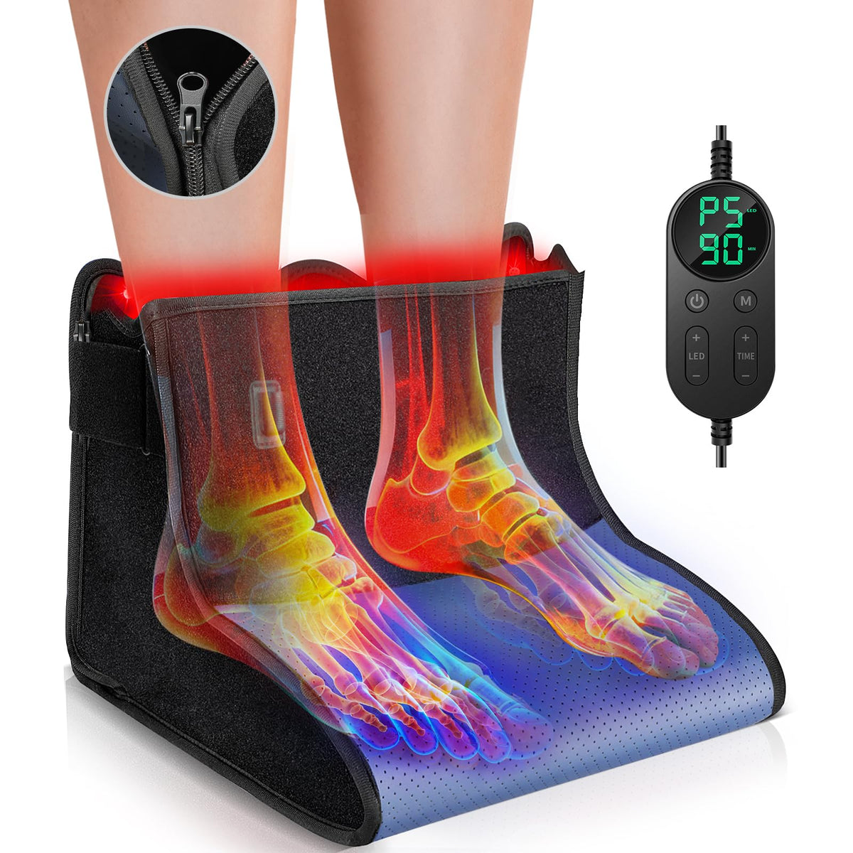 Red Light Therapy for Feet with Heat & Pulse, 180 Tri-Chips LEDs 660nm & 850nm, 5 Light Intensities & 10/40HZ Pulse, 10-90 Min Timer, Foldable Infrared Light Feet Wrap for Ankle Heel, Blue