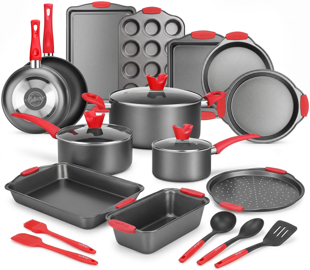 NutriChef 21-Piece Nonstick Cookware Set - PTFE/PFOA/PFOS Free Heat Resistant Lacquer Kitchen Ware Pots Pan w/ Cool-Touch Handles, Saucepan, Fry Pans, Lid, Bakeware, For Gas Electric Ceramic Cooktops