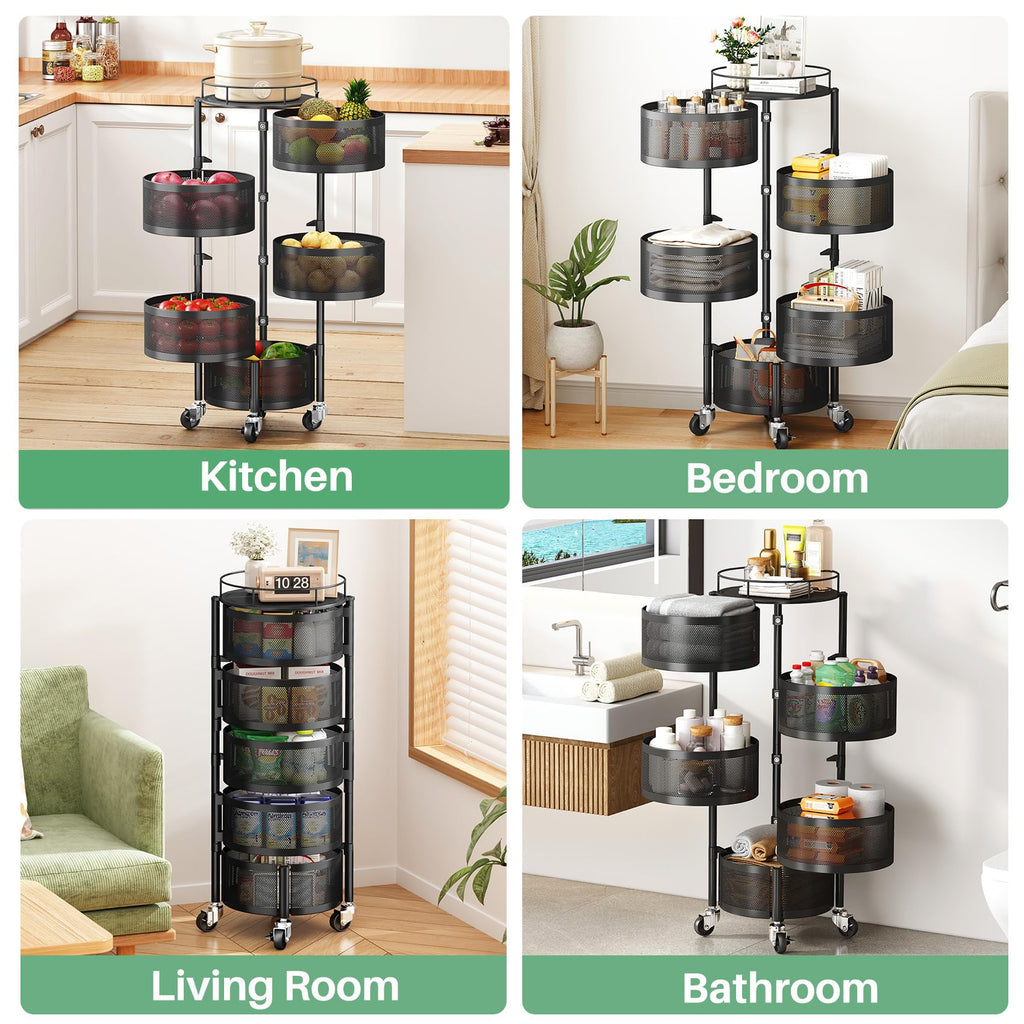 SAYZH 5 Tier Fruit Vegetable Basket Stand for Kitchen, Rotating, Black