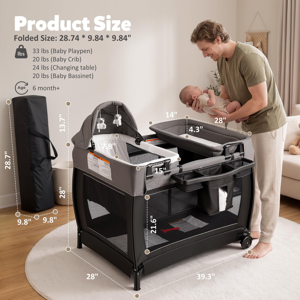 TODEFULL 4 in 1 Foldable Pack and Play with Bassinet & Changing Table