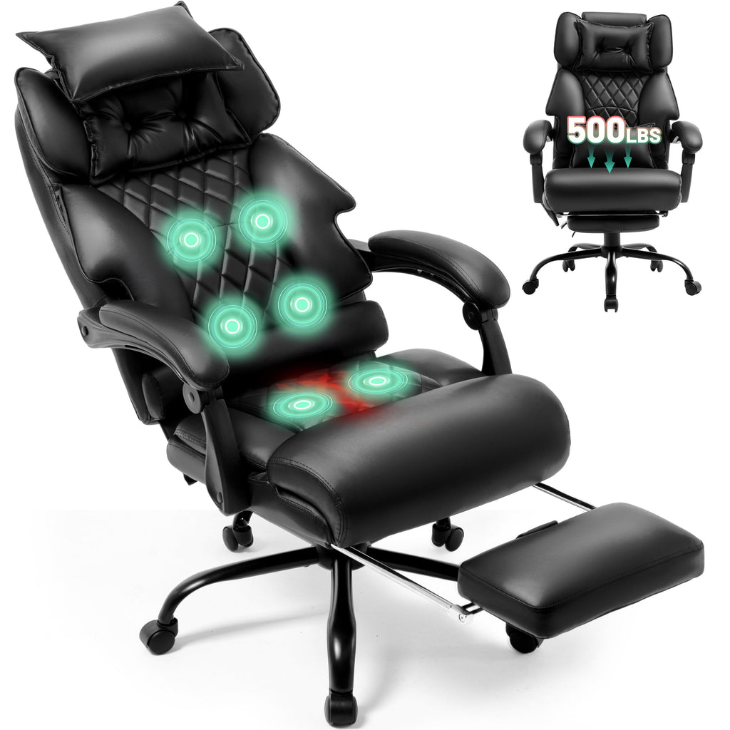Massage Office Chair with Foot Rest,6 Points Vibration & Heat Executive Office Chairs,500LBS Big and Tall Office Chair for Heavy People,Ergonomic Reclining Desk Chair,Dual-Use Pillow,Home Office,Black