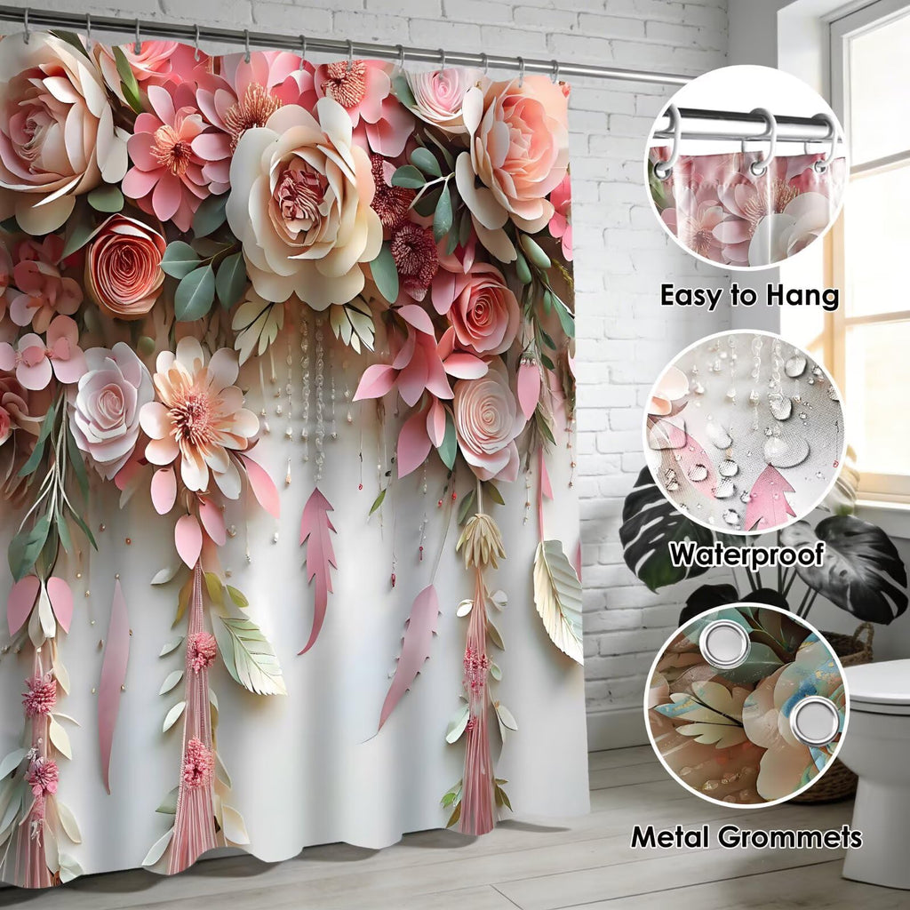 DDQQ Pink Flower Bathroom Shower Curtain Set, Rose Shower Curtain and Rugs
