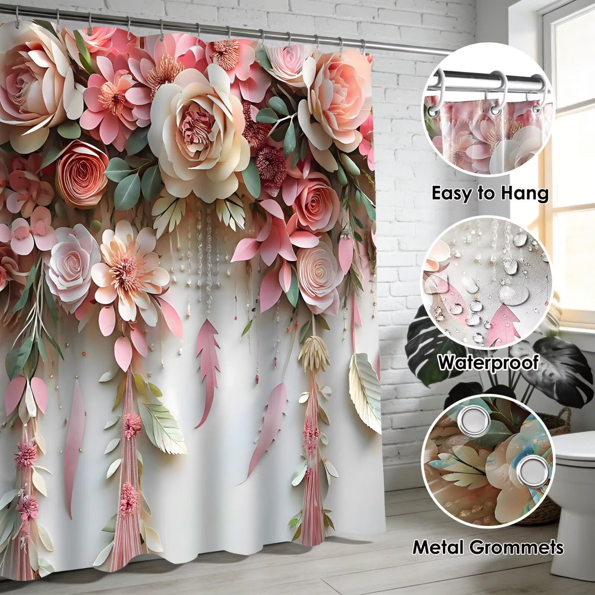 DDQQ Pink Flower Bathroom Shower Curtain Set, Rose Shower Curtain and Rugs