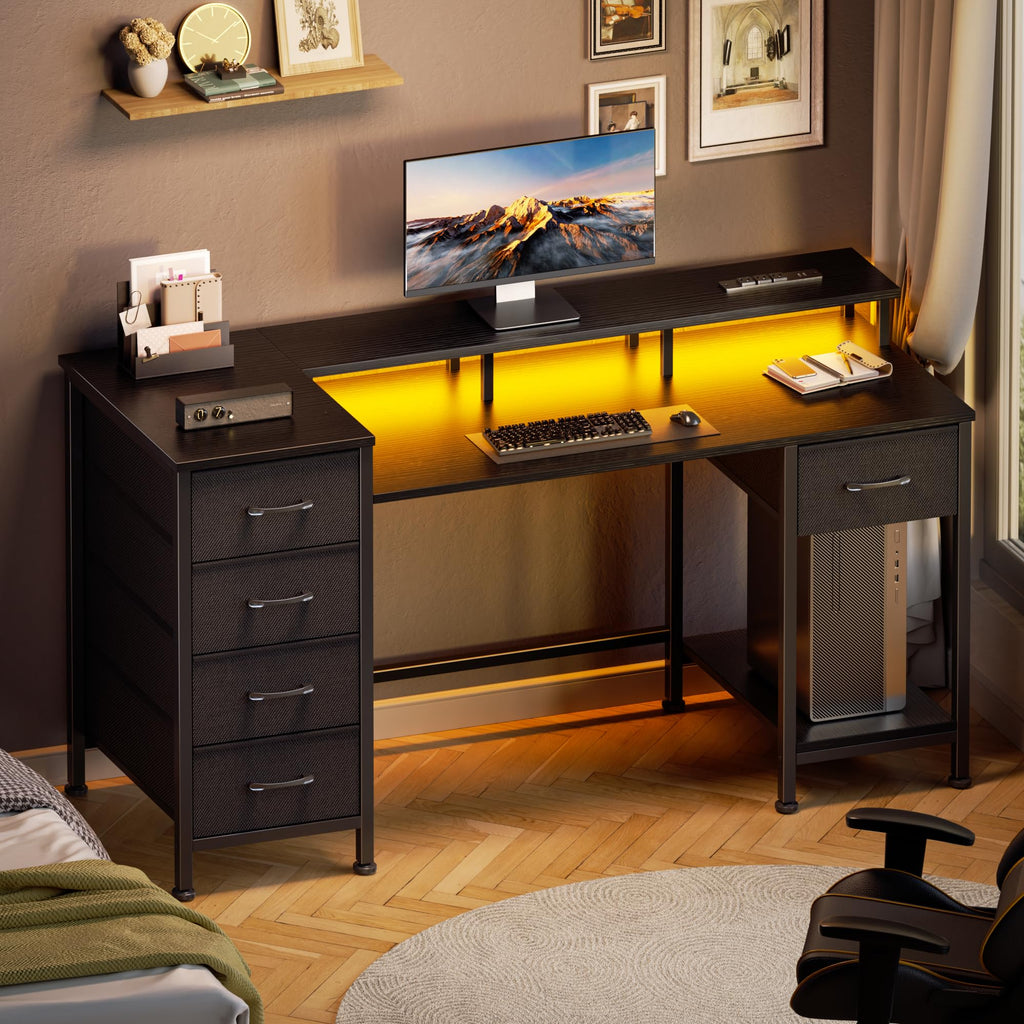 Korfile 47 Inch Gaming Computer Desk with Power Outlets,LED,5 Drawers,Black