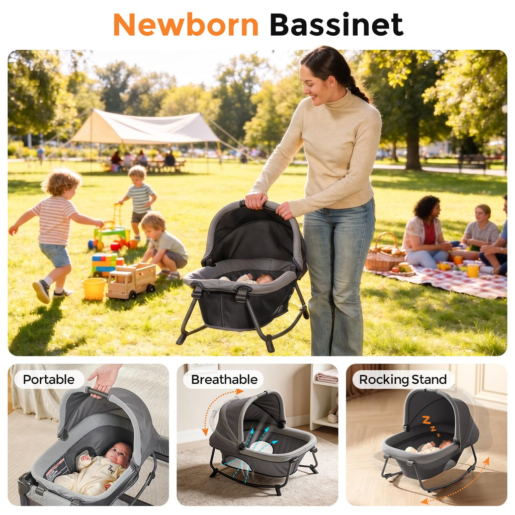 Pamo Babe Pack and Play with Bassinet - 7 in 1 One-Step Setup Bedside Crib, Portable Playpen, Travel Crib, Baby Playard with Diaper Changing Station, Toy Bar & Large Storage Bag