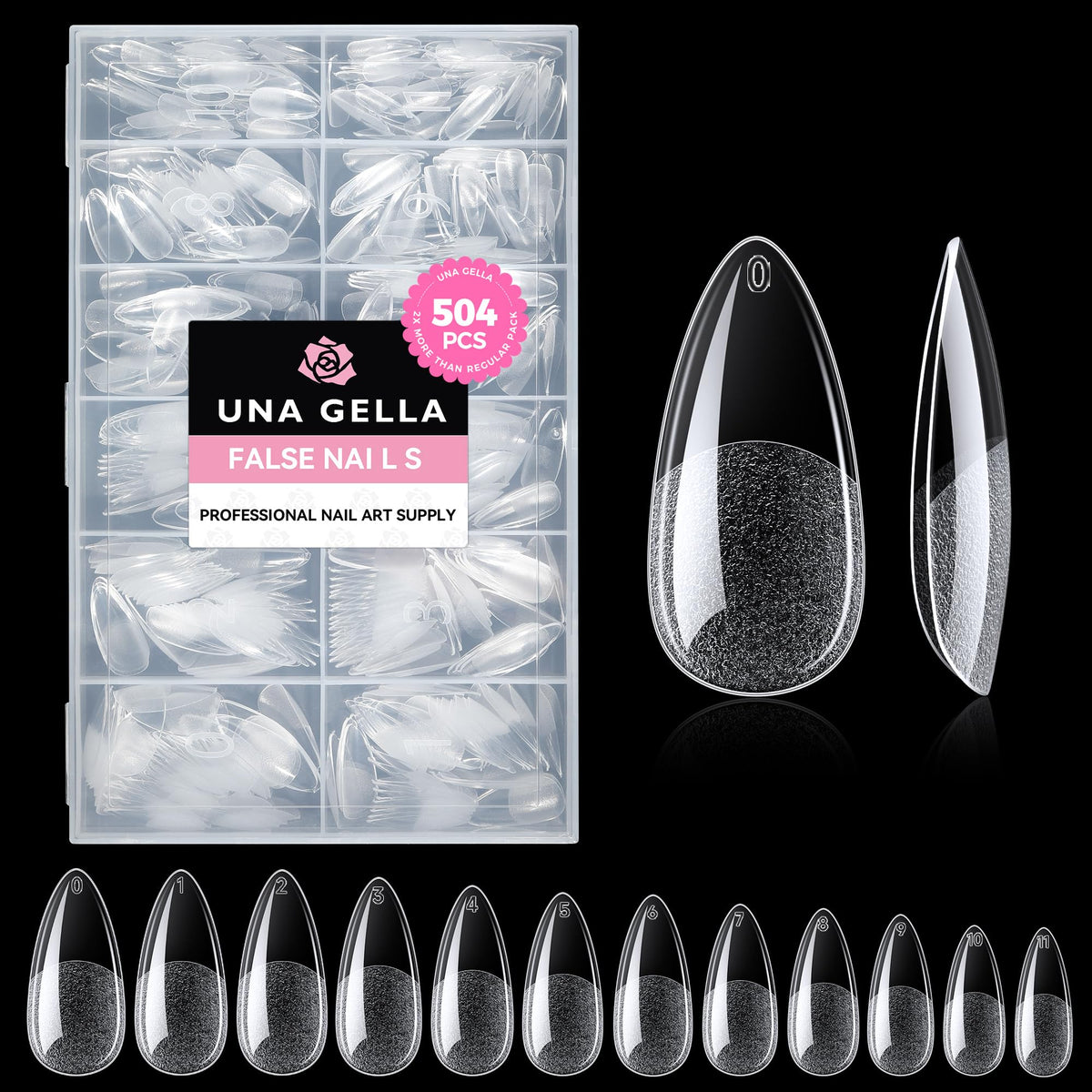 UNA GELLA Almond Gel Nail Tips, 504 Clear Tips, 12 Sizes
