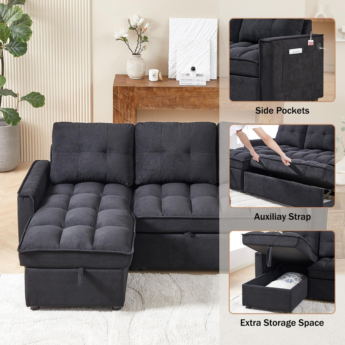 Firscook 78.75" Sleeper Sofa Couch,Modern L-Shaped Couches, Pull Out Couch with USB Ports&Side Pocket,Sleeper Sectional Sofa for Living Room Apartment,Chenille,Black