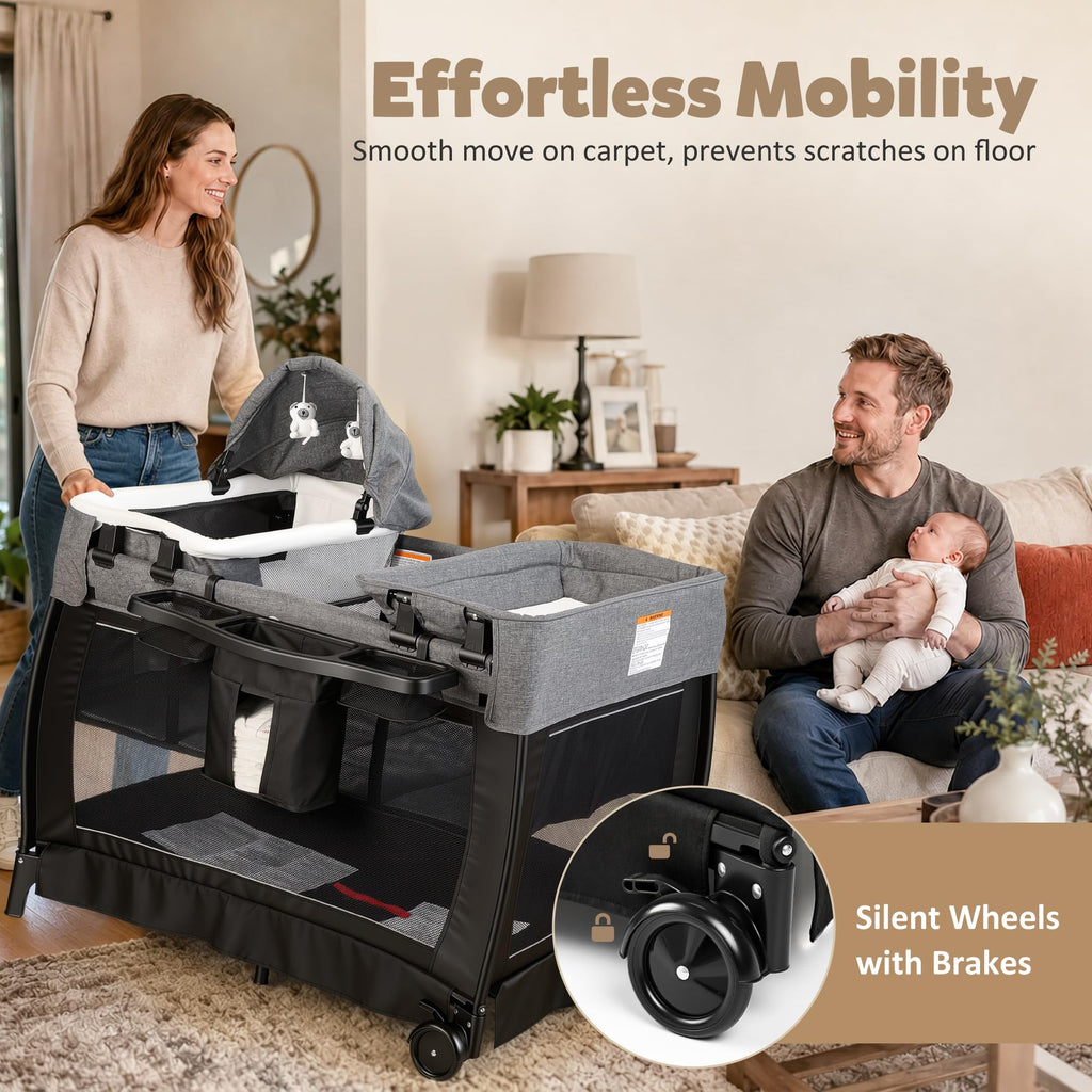 TODEFULL 4 in 1 Foldable Pack and Play with Bassinet & Changing Table