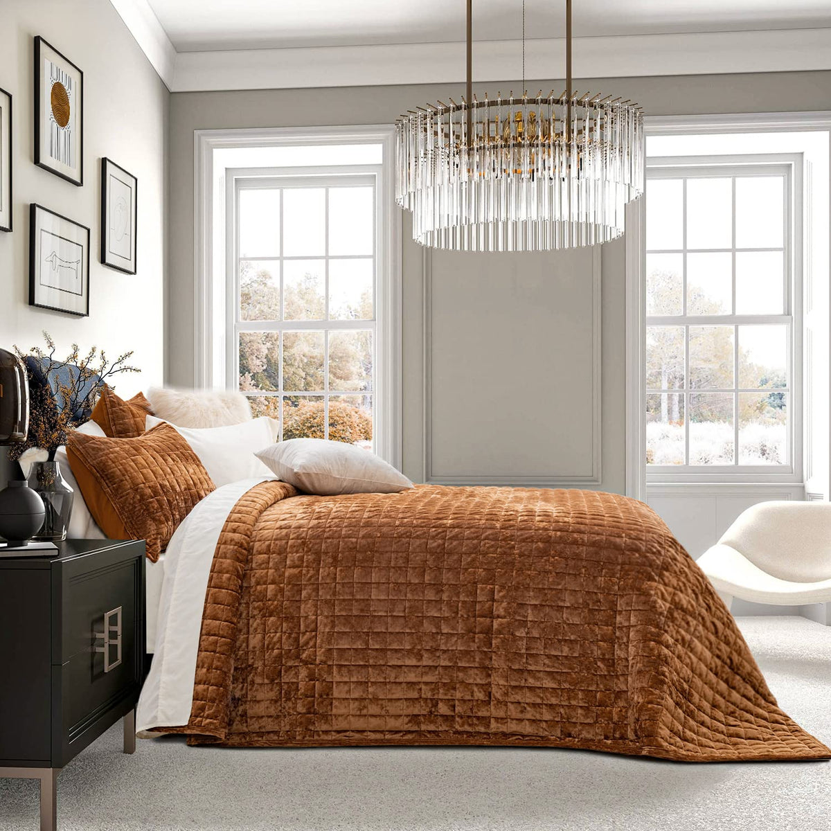 RECYCO Channel Box Stitch Velvet Quilt Set, King Size, Rusty Burnt Orange
