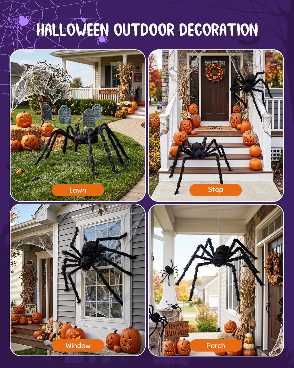 F-TECK 2 Pack 5 Ft Giant Black Spiders for Outdoor Halloween Decorations