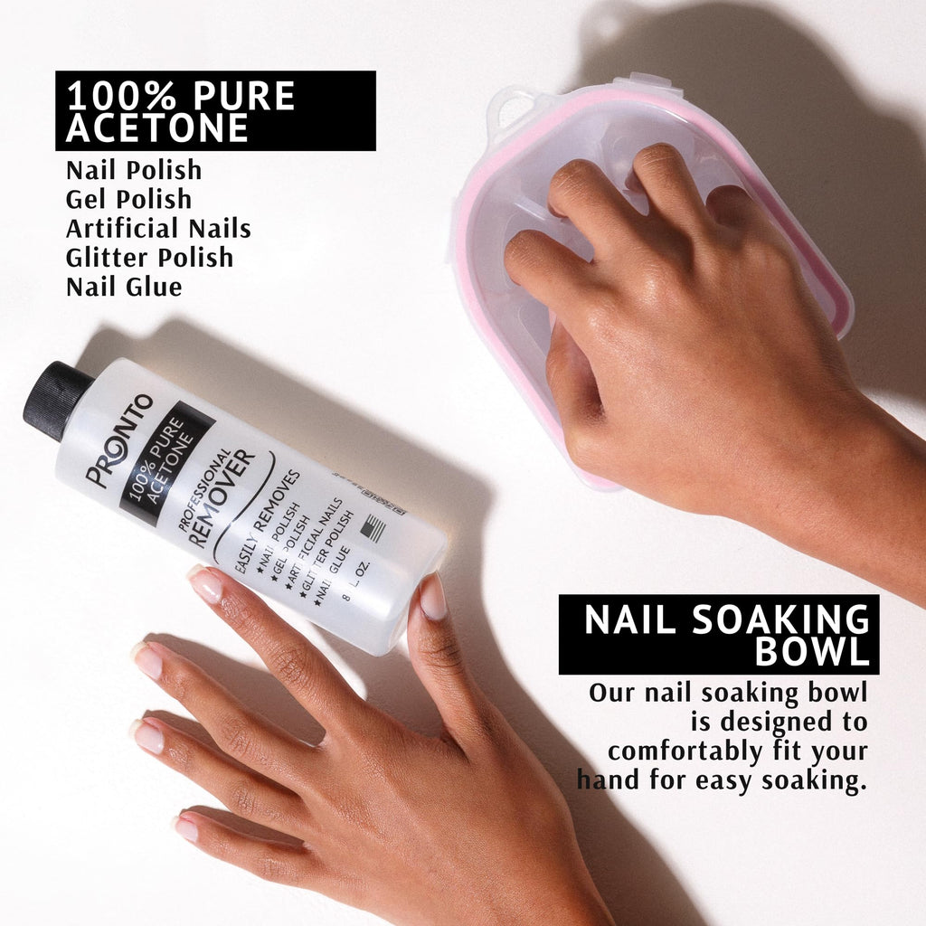 Pronto Gel Nail Polish Remover Kit – 8 Oz Pure Acetone 100 Percent, Nail File & Nail Polish Soak Off Bowl for Nail Care + Manicure Set with Nail Buffer Block, Cuticle Pusher & Nail scraper