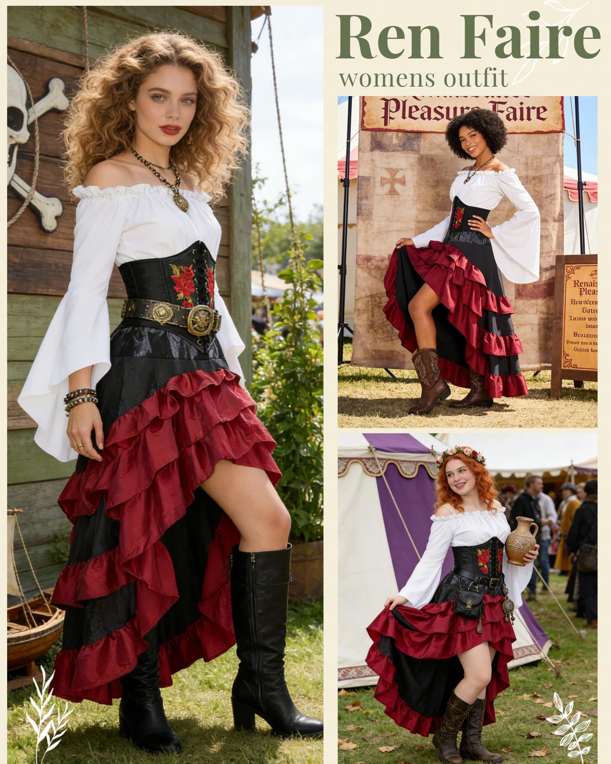 Women's Renaissance Pirate Wench Costume with Corset, Skirt & Blouse