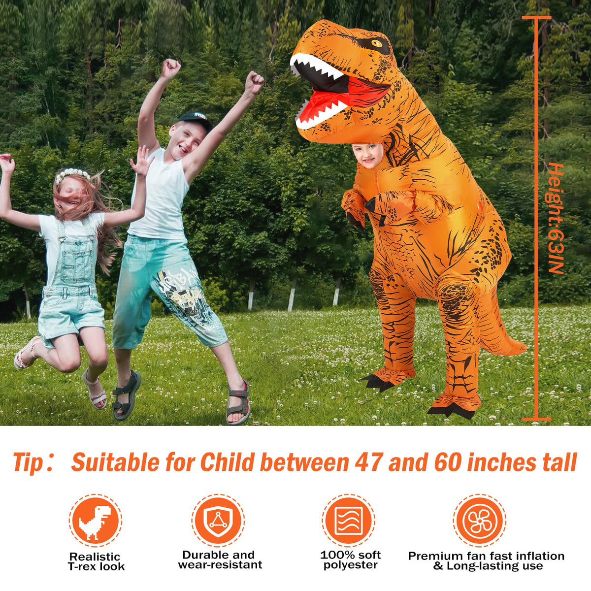 Inflatable Dinosaur Costume Kids, Durable T-REX Costume for Halloween,Brown