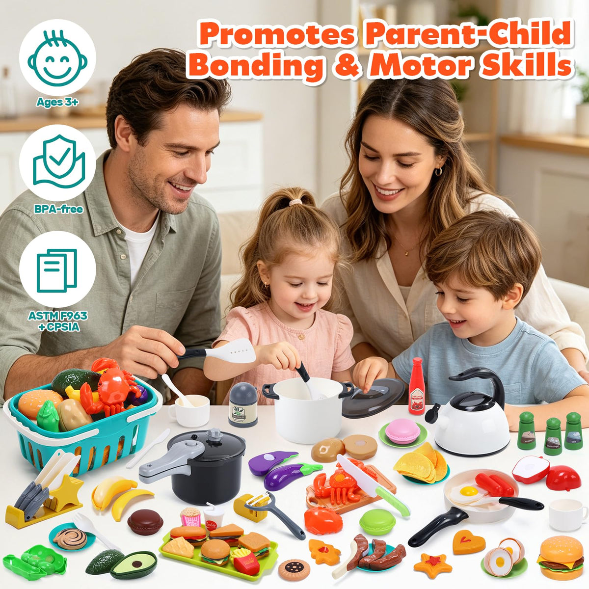 HOLYFUN 74PCS Kids Kitchen Accessories with Play Food & Basket