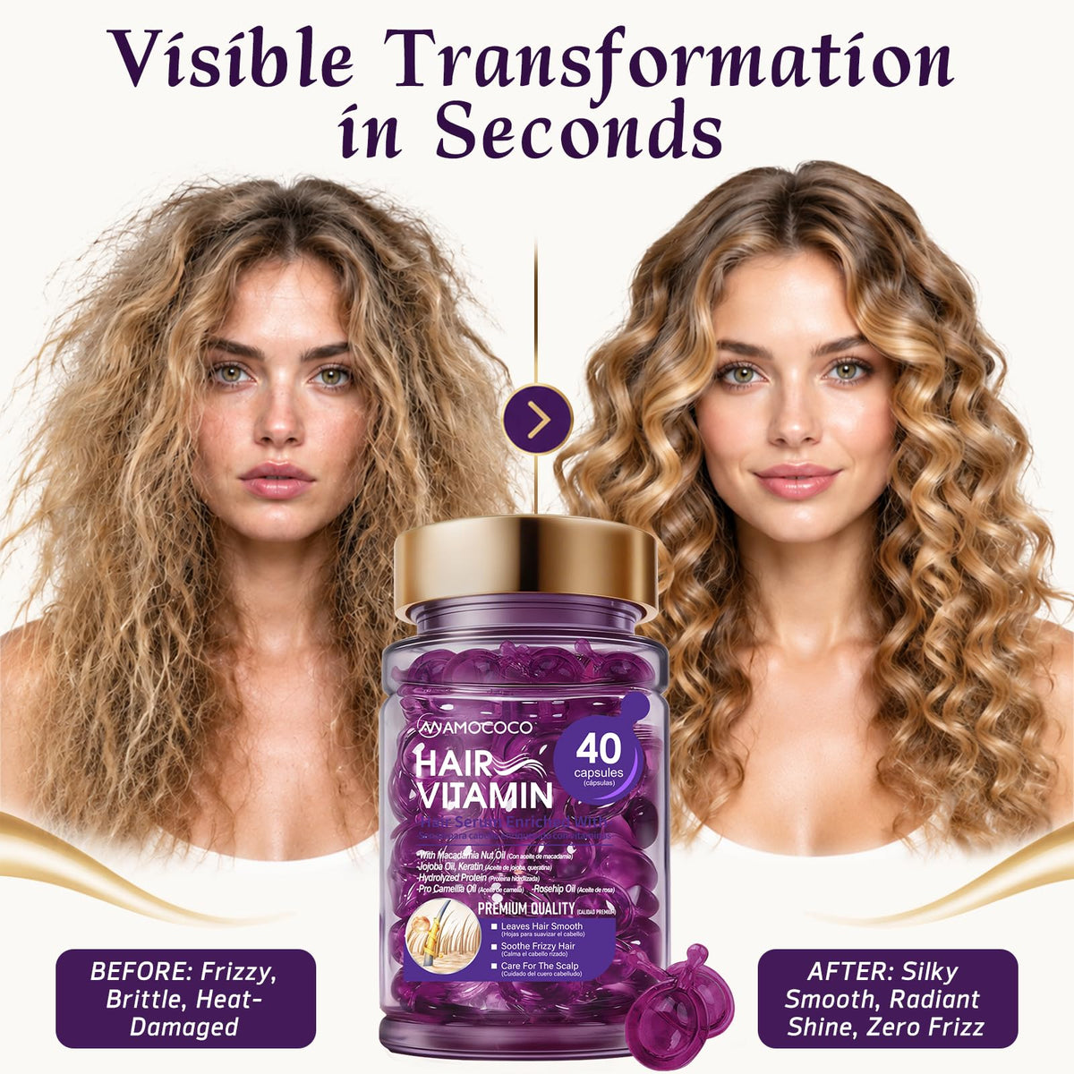 Amococo 2Packs Hair Oil 40 Capsules with Keratin, Argan Oil & Jojoba Oil, Nourishing & Strengthening Hair for Dry, Damaged Hair, Frizz Control & Softness for Women & Men