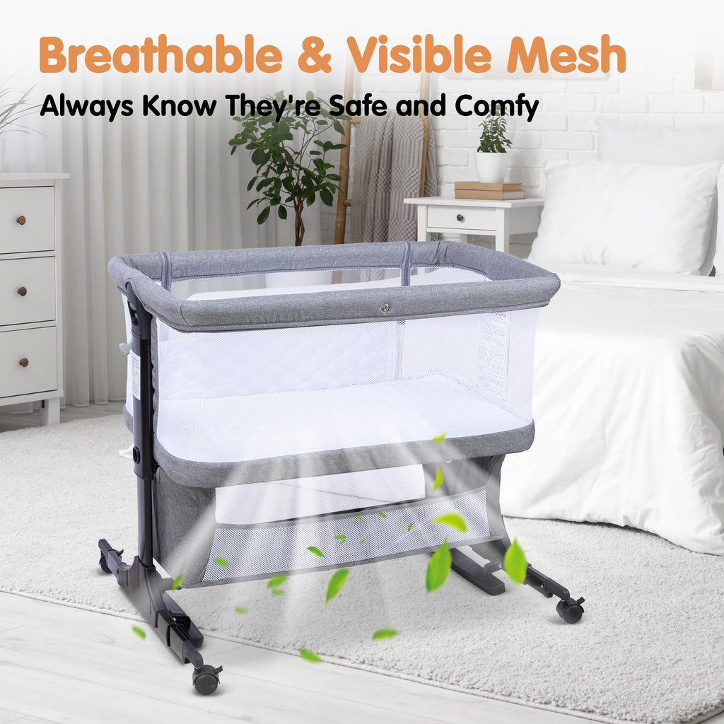CAPAKIDDO 4-in-1Bedside Bassinet Sleeper, 6 Height, Mesh, Washable Mattress