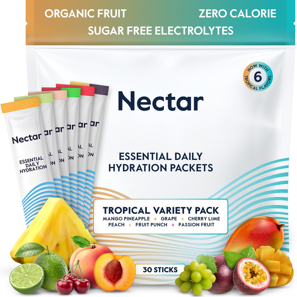Nectar Hydration Packets - Electrolytes Powder Packets - Sugar Free & 0 Calorie - Organic Fruit Liquid Daily IV Electrolytes Powder for Dehydration Relief & Rehydration (Tropical Variety 30 Pack)