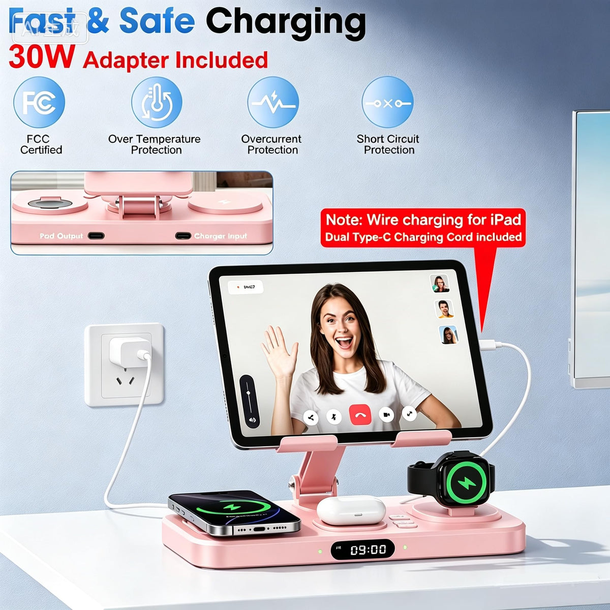 6 in 1 Wireless Charger for Apple Multiple Devices, Charging Station with Clock &7 Color Ambient Light, Foldable Rotate Stand for iPad, for iPhone17/16/15, Support for Apple Watch11/10 For AirPods4