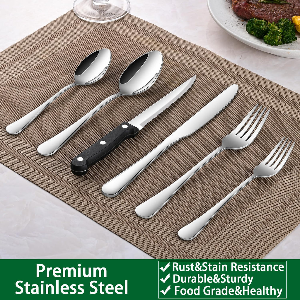 49 Pieces Silverware Sets With Organizer And Steak Knives, Stainless Steel Flatware Sets Service For 8 Person, Tableware Cutlery Sets, Includes Knife Spoon and Forks Sets