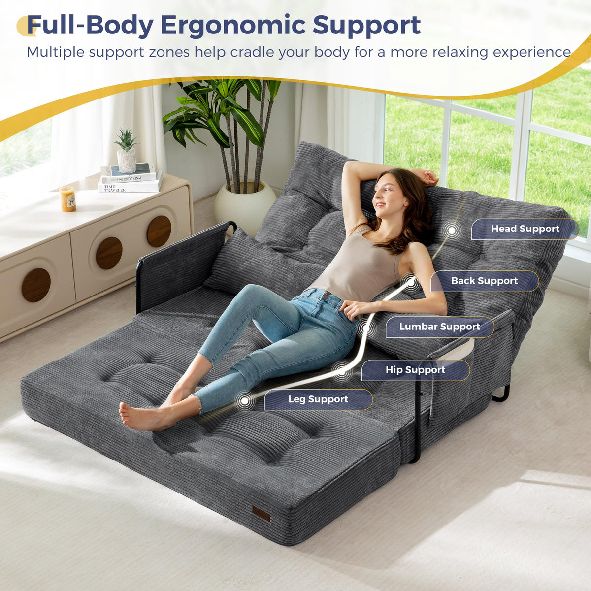 MAXYOYO Adjustable Folding Sofa Bed Couch with 2 Pillows, Dark Grey