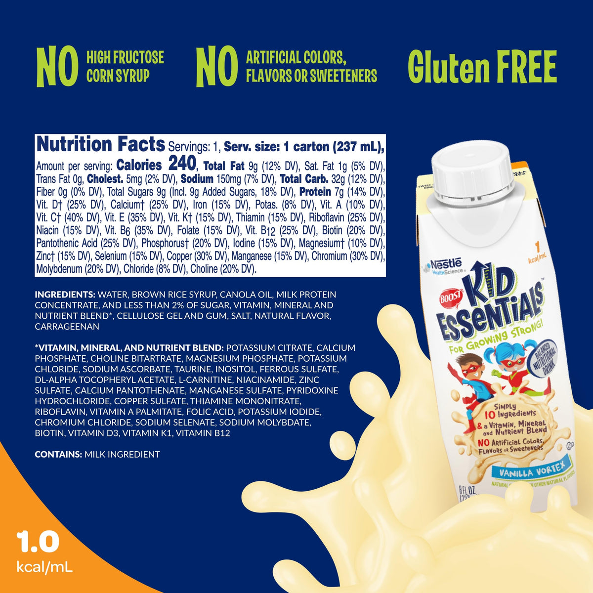 BOOST Kid Essentials 1.0kcal Nutritional Drink, Vanilla Vortex, 8 Fl Oz