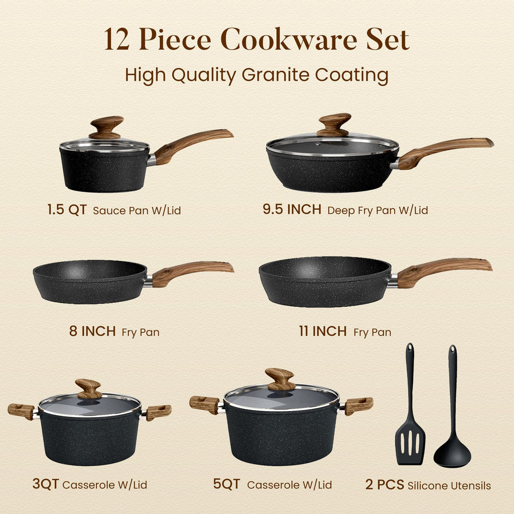 Kitchen Academy Pots and Pans Set Non Stick, 12pcs Induction Cookware