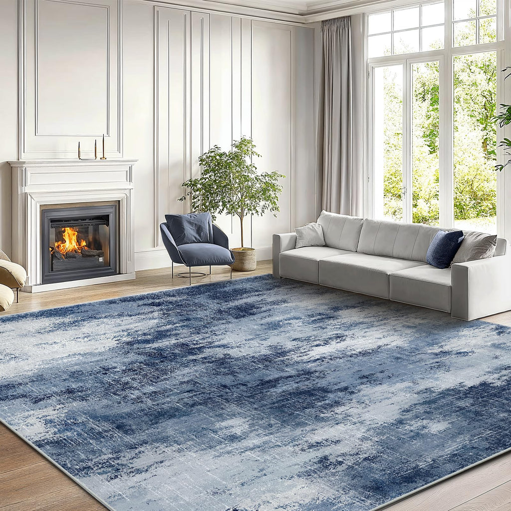 Amada Washable 8'x10' Abstract Area Rug for Living Room Dark Blue