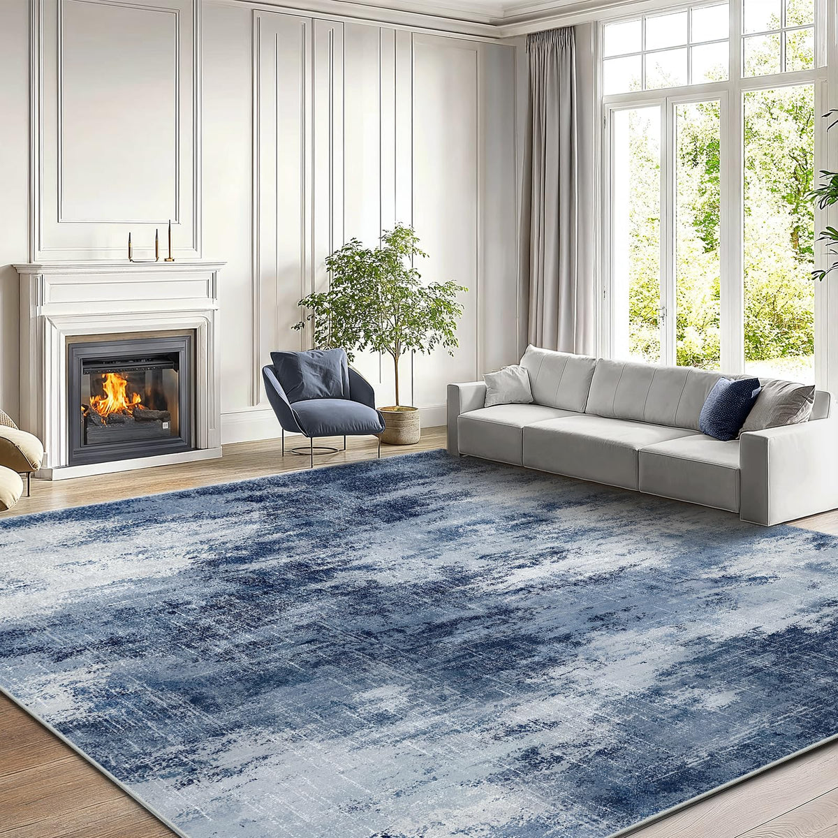 Amada Washable 8'x10' Abstract Area Rug for Living Room Dark Blue