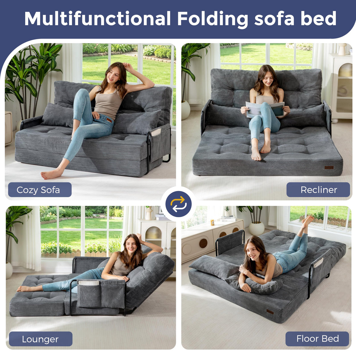 MAXYOYO Adjustable Folding Sofa Bed Couch with 2 Pillows, Dark Grey