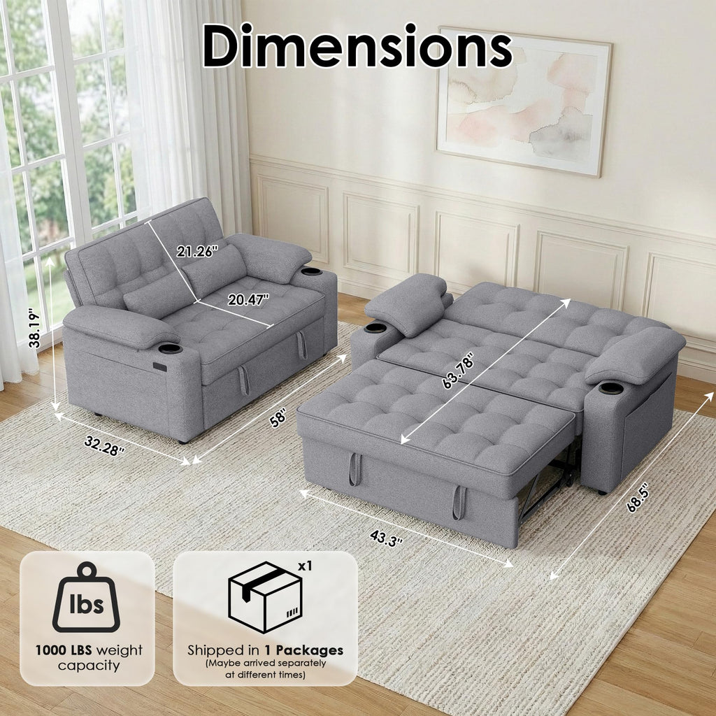 tiramisubest 58'' Convertible Sofa Bed with USB Charger and Cup Holders, Teddy Fabric Loveseat Pull Out Couch with Adjustable Backrest and Side Pocket for Small Space(Grey)