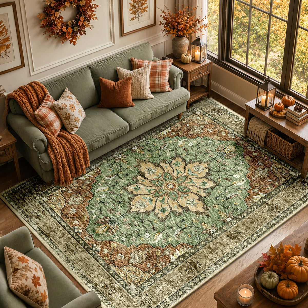 RELEANY Washable Area Rug, 5'x7', Brick/Brown/Green