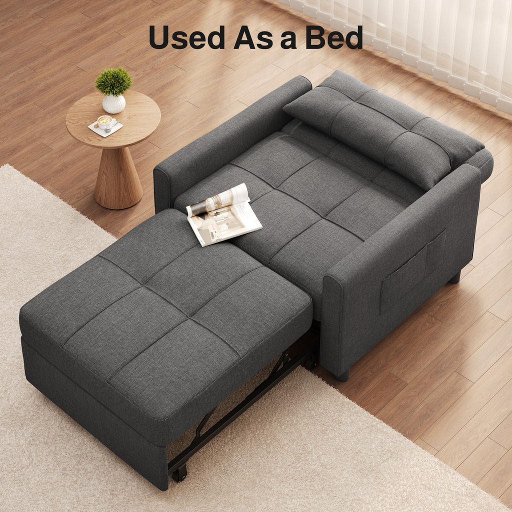Ahomly Convertible Sofa Chair Bed, 3-in-1 Linen Pull Out Chair, Dark Gray
