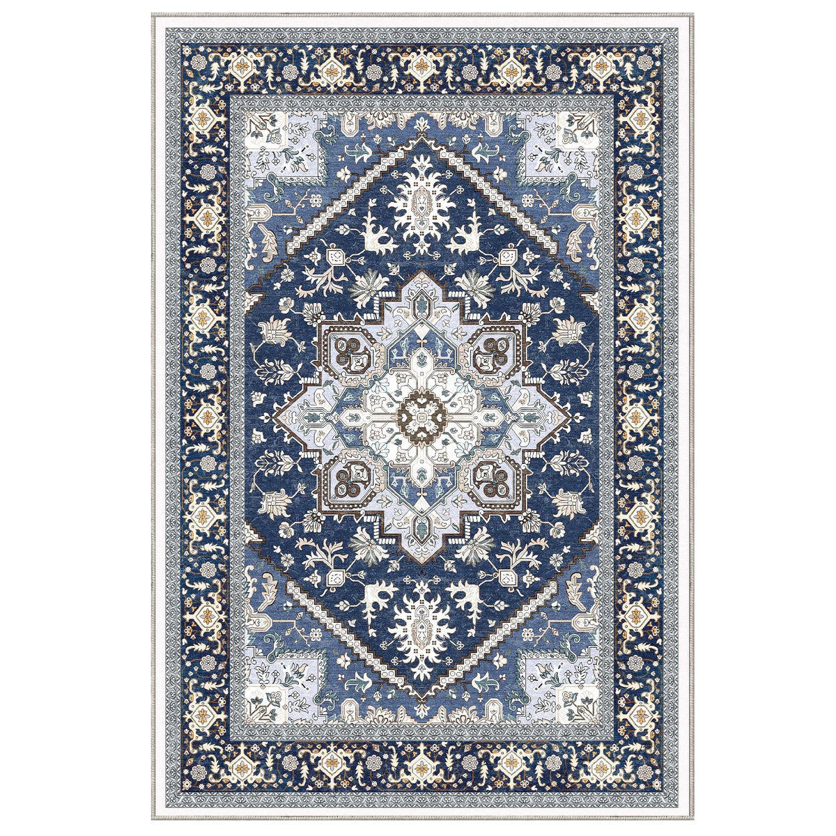 OPPODREAM Soft Area Rugs 5x7, Persian-Inspired Washable Rug, Blue & Gold