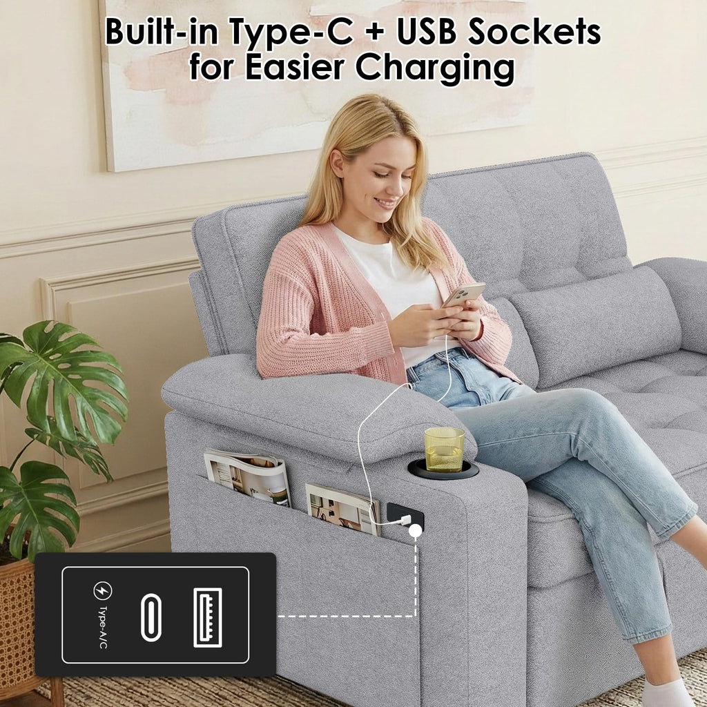 tiramisubest 58'' Convertible Sofa Bed with USB Charger and Cup Holders, Teddy Fabric Loveseat Pull Out Couch with Adjustable Backrest and Side Pocket for Small Space(Grey)