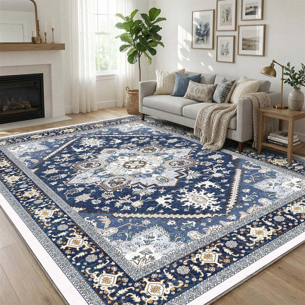 OPPODREAM Soft Area Rugs 5x7, Persian-Inspired Washable Rug, Blue & Gold