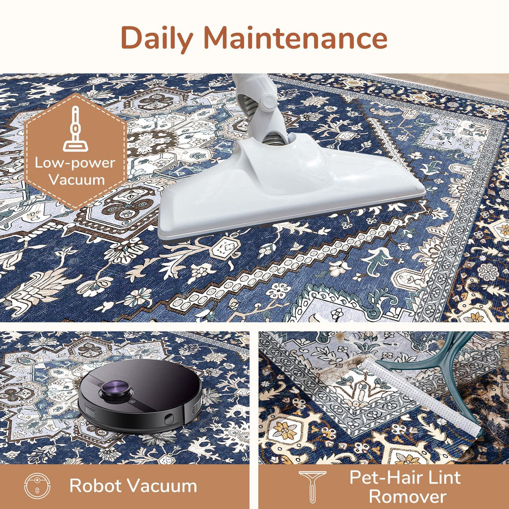 OPPODREAM Soft Area Rugs 5x7, Persian-Inspired Washable Rug, Blue & Gold